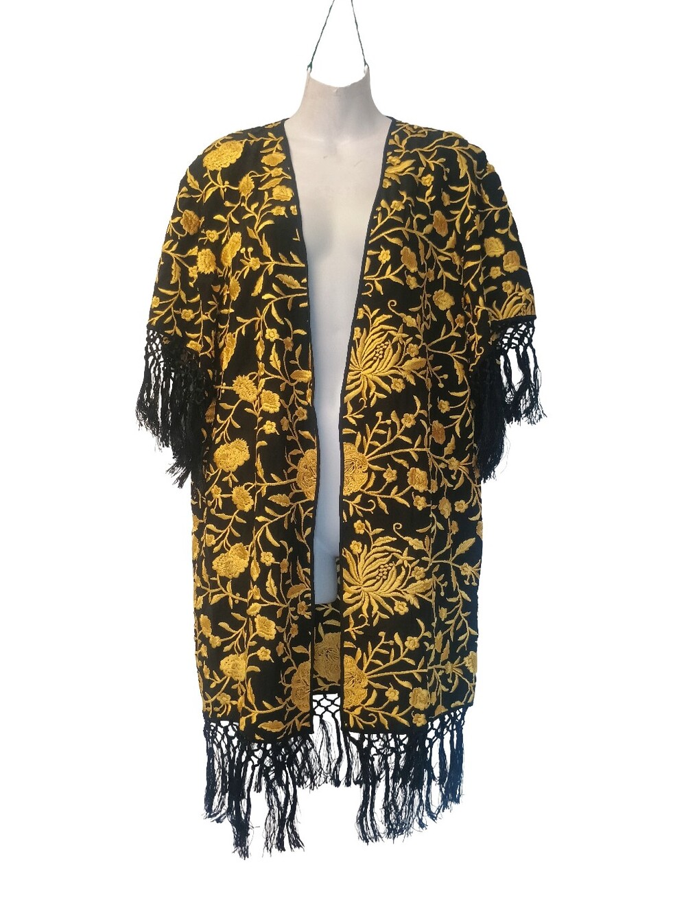 Alice + Olivia Silk Black and Gold Floral Fringe Kimono Size: M/L